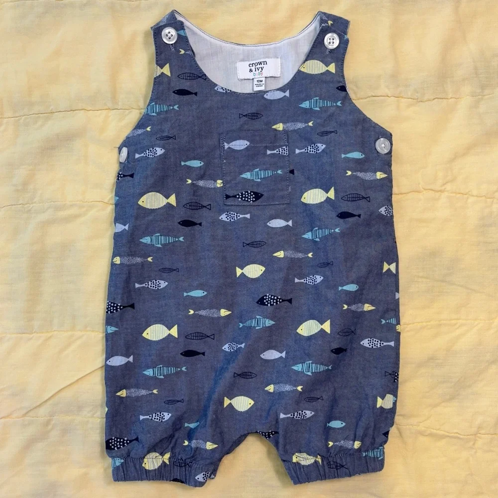 EUC Crown & Ivy Baby Romper, Blue with Fish Print, Baby Sz 12 months - Picture 2 of 13